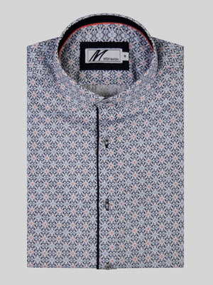 A white & sky shirt with geometric pattern.