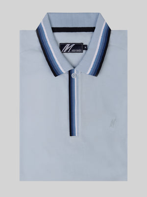 A sky blue polo with collar contrast detail, designed in the uk for men.