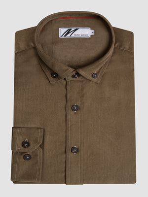 Long sleeve cord khaki shirt.