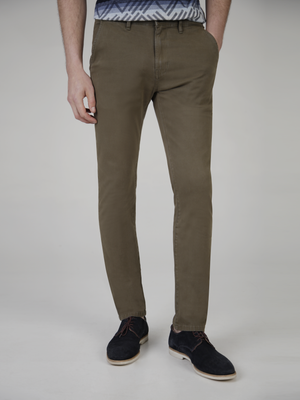 Tapered Fit Mid Stretch Casual Cotton Bromley Dark Khaki Chino Trouser