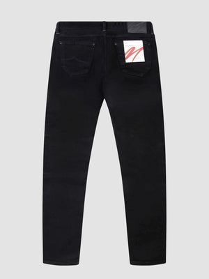 A black tapered fit jean, designed for men.