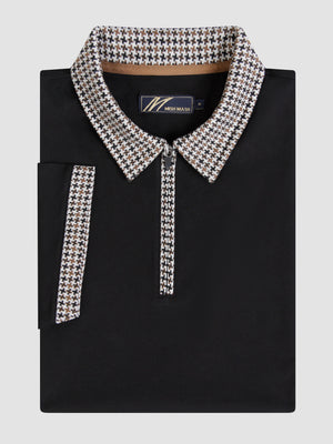 Nashi Black polo shirt with jacquard houndstooth collar and cuff, smart casual style, front zip fastening.