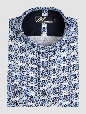 Platinum Navy & Blue long sleeve shirt with geometric pattern, 100% cotton, regular fit, button under collar detail.