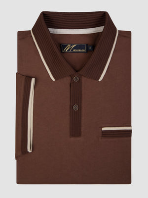 Tonto Mocha short-sleeve polo featuring textured rib collar, button placket, and side pocket in stylish brown.