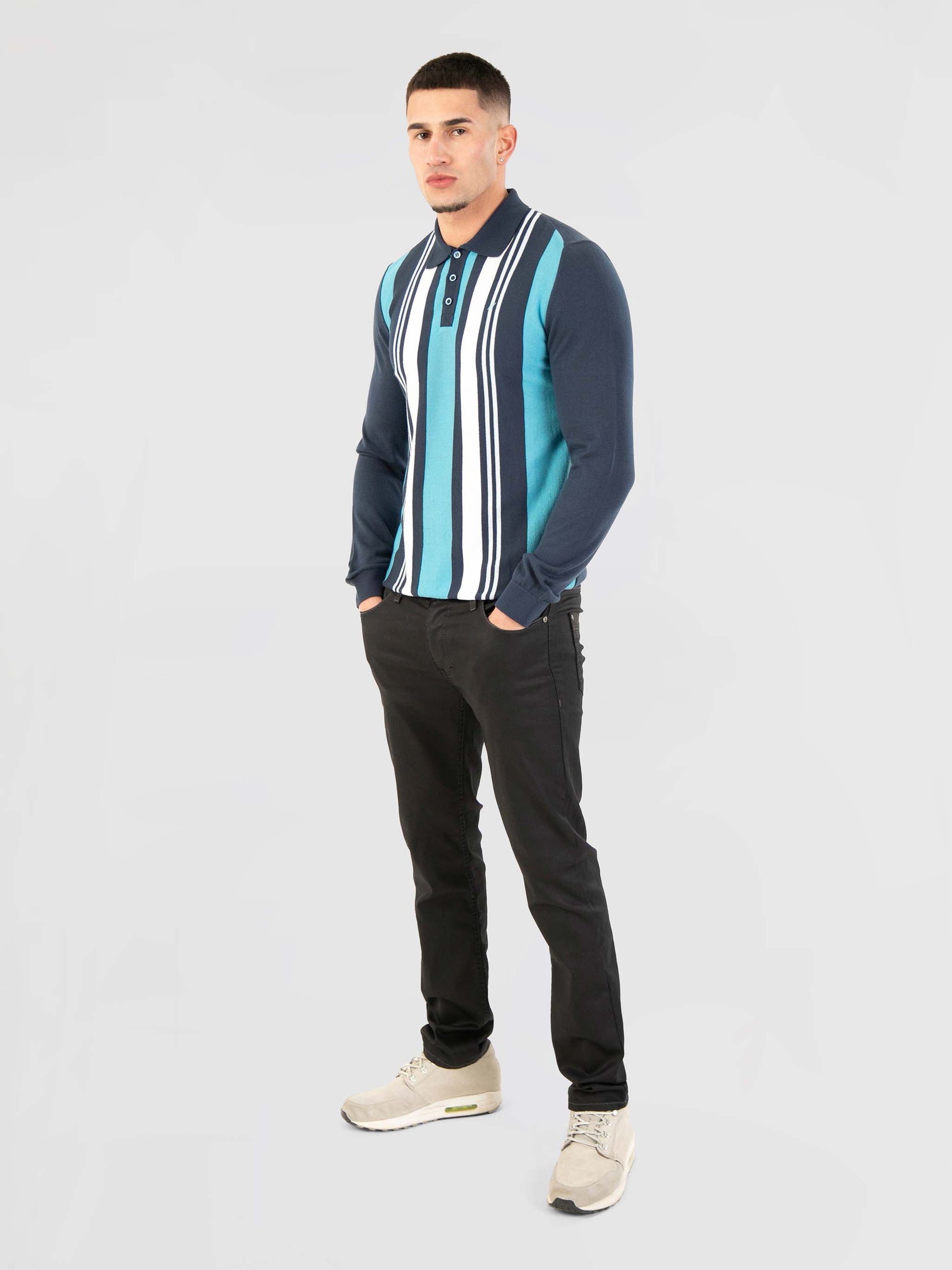 Regular Fit Aztec Navy Stripe Long Sleeve Knitted Polo