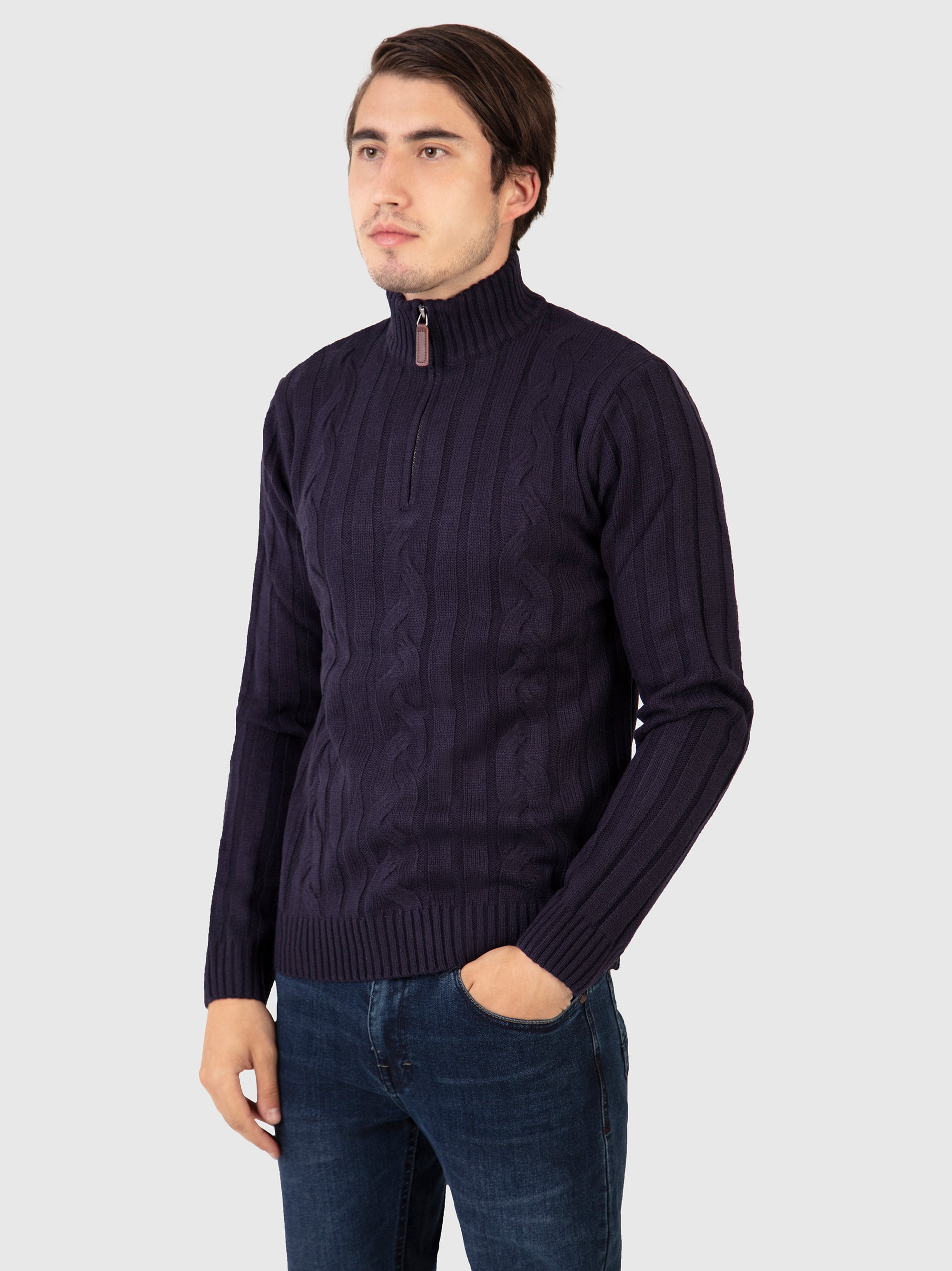 Regular Fit Cable Navy 3/4 Zip Long Sleeve Knit