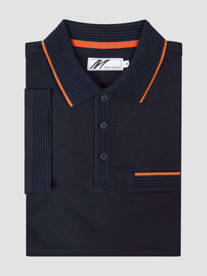 Tonto Navy short sleeve polo shirt featuring a classic collar and contrasting orange accents.