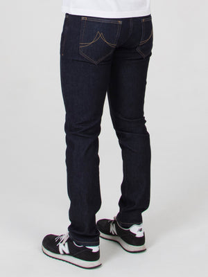 Tapered fit mid stretch ecru warp with deep indigo blue weft mens denim jeans mish mash