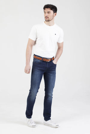 Stretch mens dark wash tapered fit denim jean mish mash