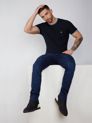 Regular fit waffle-like texture cotton navy short sleeve T-shirt mish mash jeans