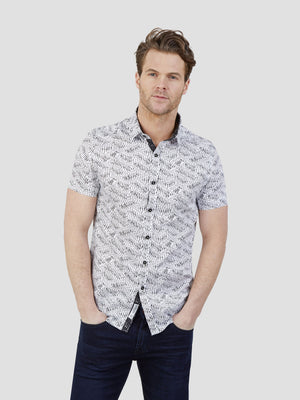 Regular fit mens tribal inspired print monochrome white black short sleeve shirt mish mash jeans