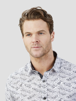 Regular fit mens tribal inspired print monochrome white black short sleeve shirt mish mash jeans