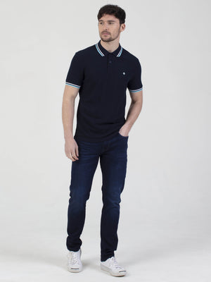 Regular fit mens cotton textured jersey with sport collar tipping navy short sleeve polo mish mash jeans