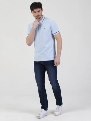 Regular fit mens cotton textured jersey with sport collar tipping sky light blue short sleeve polo mish mash jeans