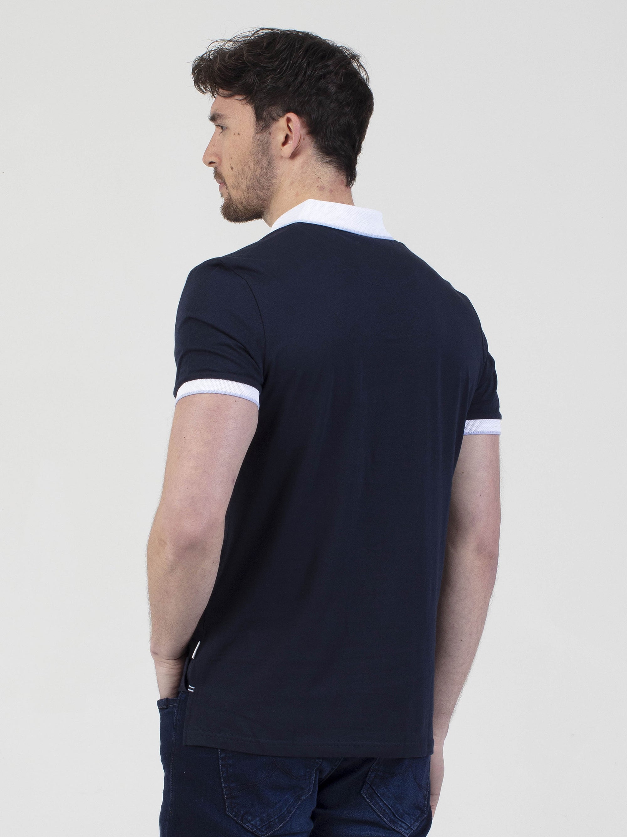 Regular fit mens cotton jersey sport inspired navy blue short sleeve polo mish mash jeans
