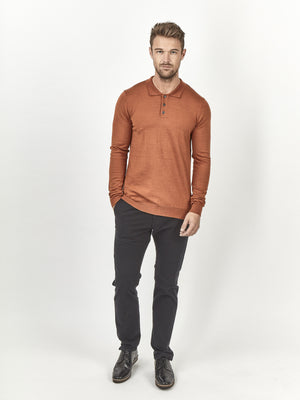 Regular fit wool blend rust long sleeve knitted polo mish mash