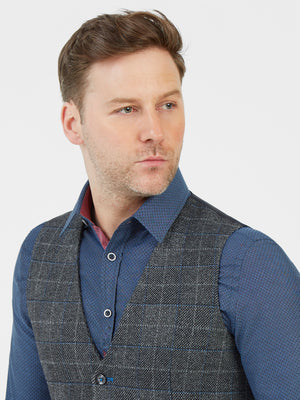 Regular fit single breasted grey check waistcoat with two internal and external jetted pockets mish mash jeans
