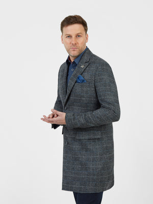 Regular fit tailored mens grey check over coat mish mash jeans