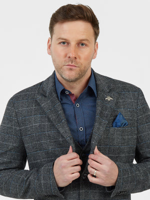 Regular fit tailored mens grey check over coat mish mash jeans