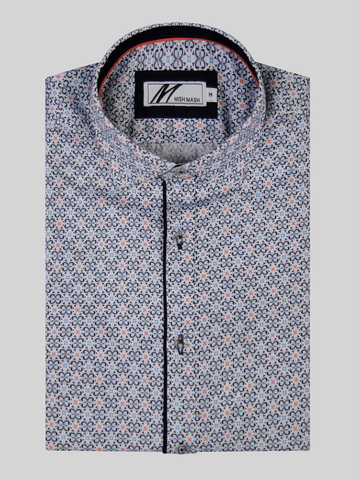A white & sky shirt with geometric pattern. 