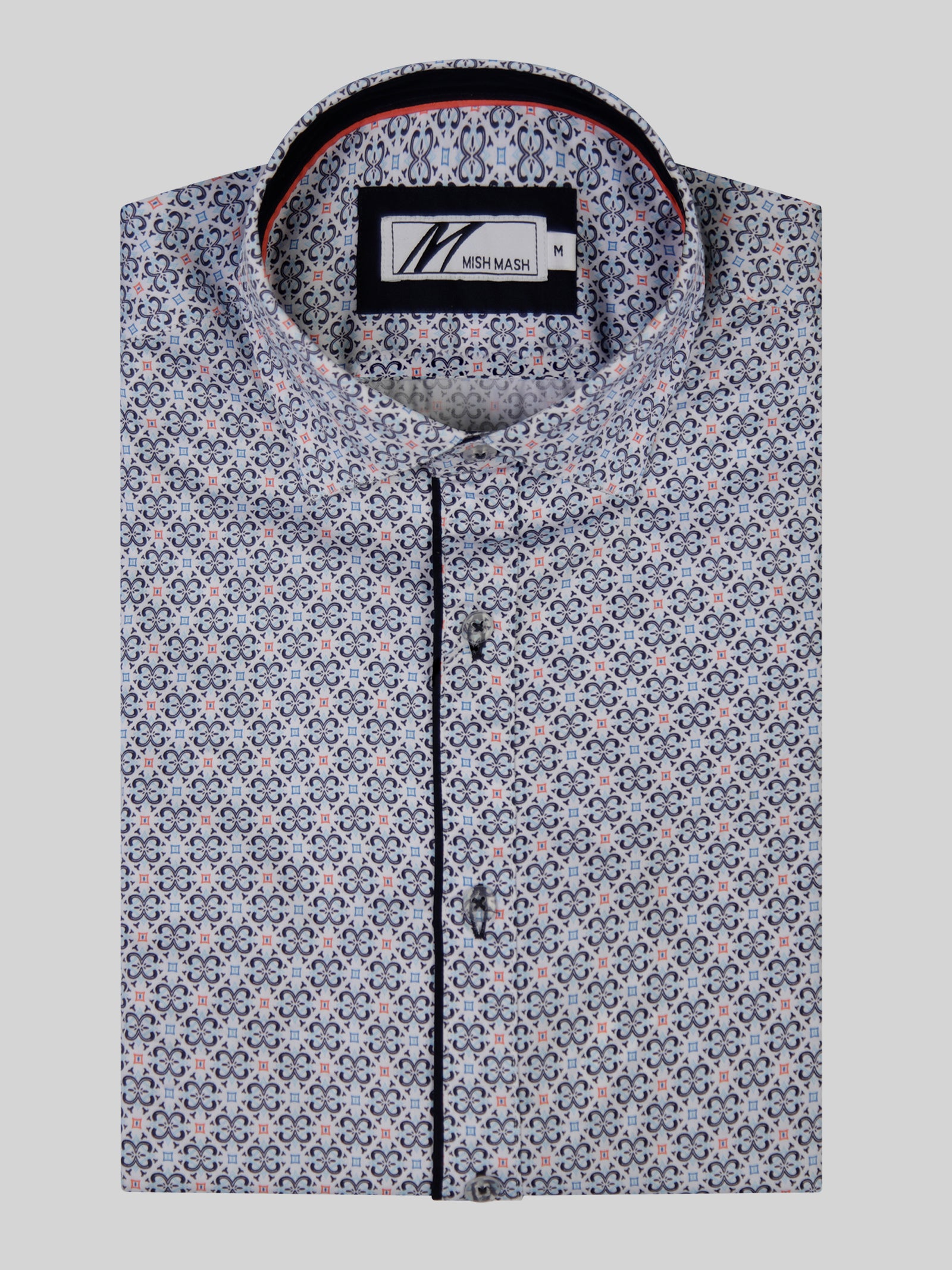 A white & sky shirt with geometric pattern. 