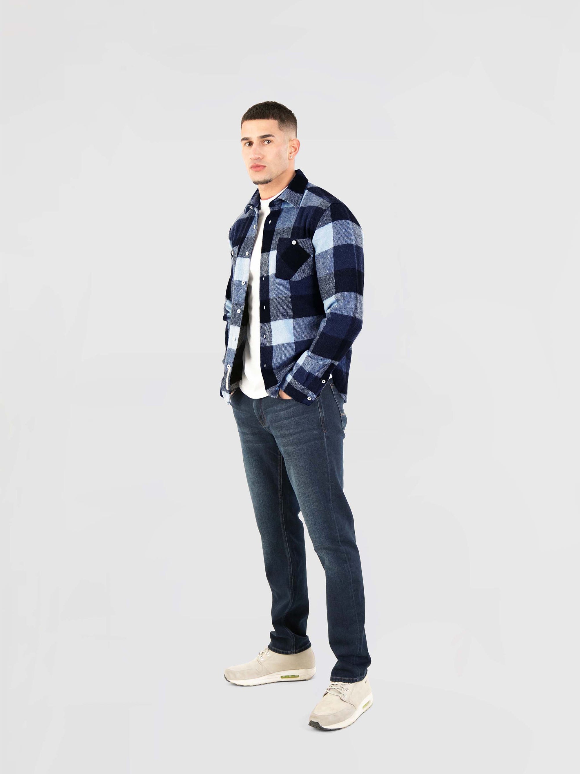 Regular Fit Hammer Blue/Grey Brushed Check Long Sleeve Shirt