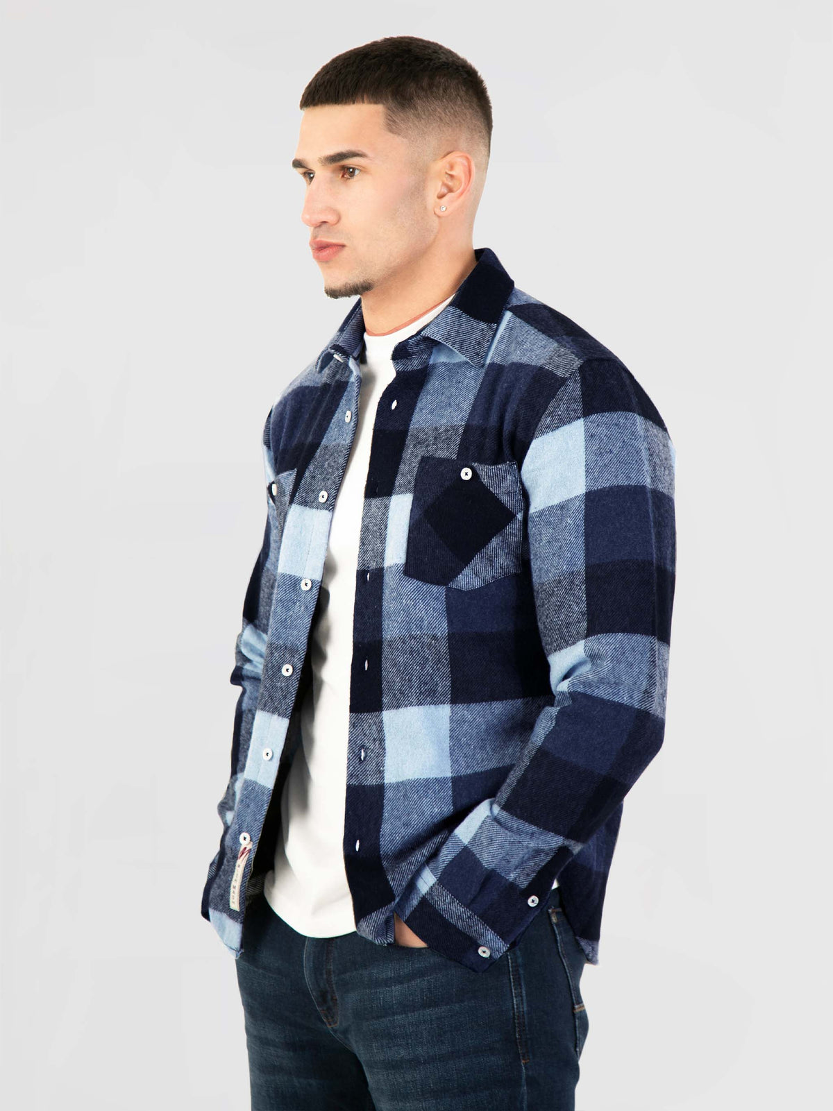 Regular Fit Hammer Blue/Grey Brushed Check Long Sleeve Shirt