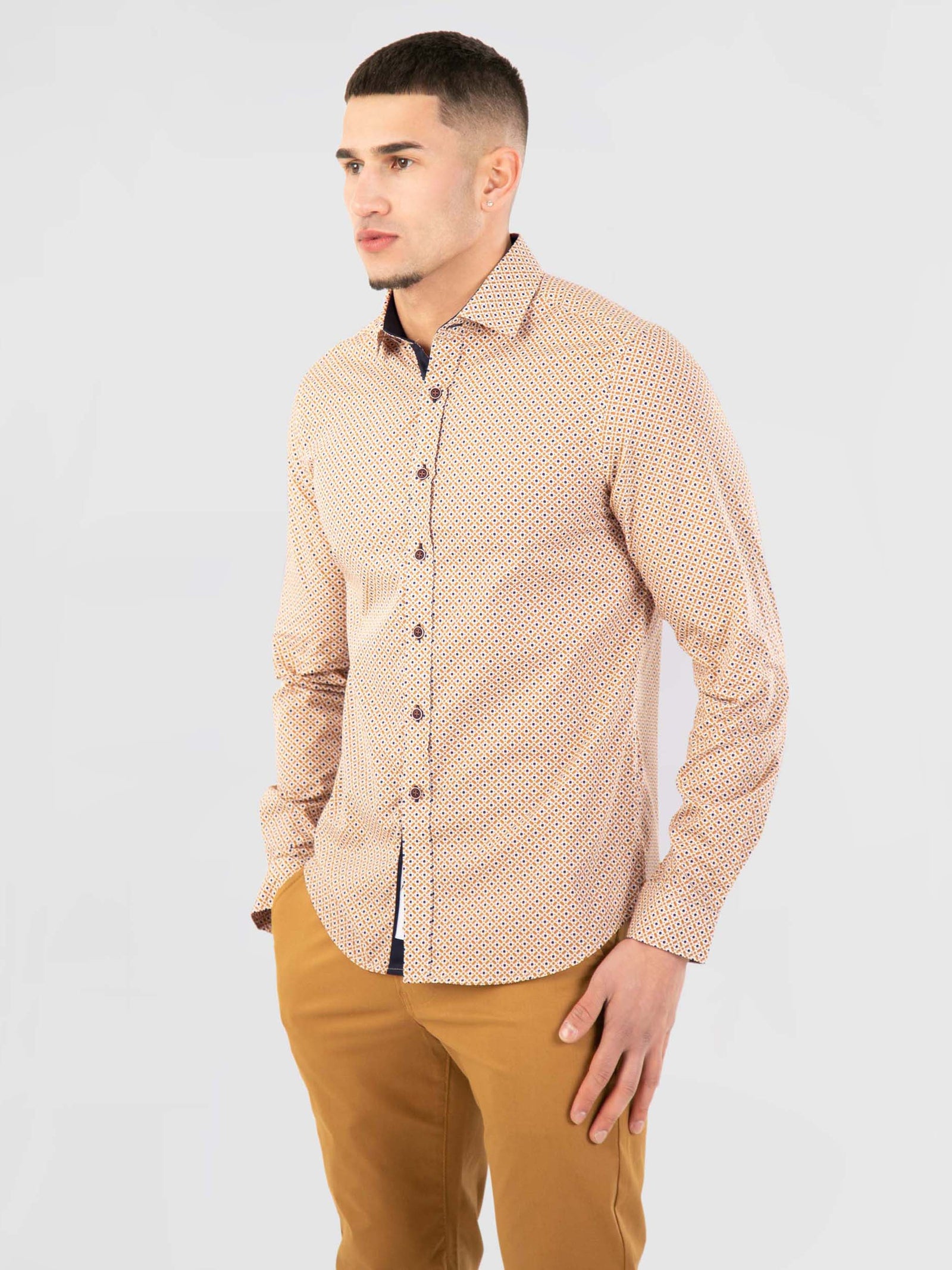 Regular Fit Smokey Camel Geometric Long Sleeve Shirt