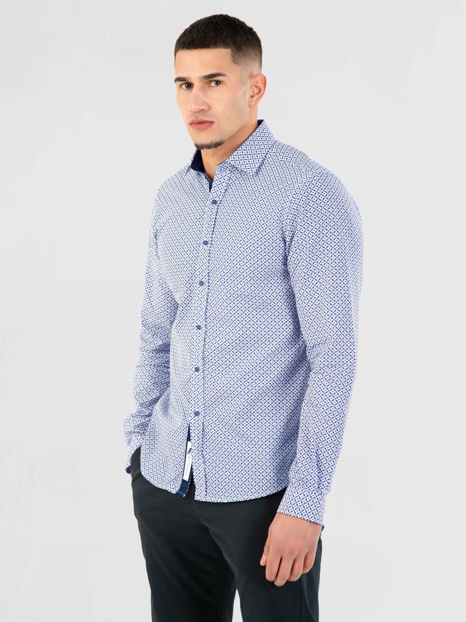 Regular Fit Smokey Washed Royal Geometric Long Sleeve Shirt