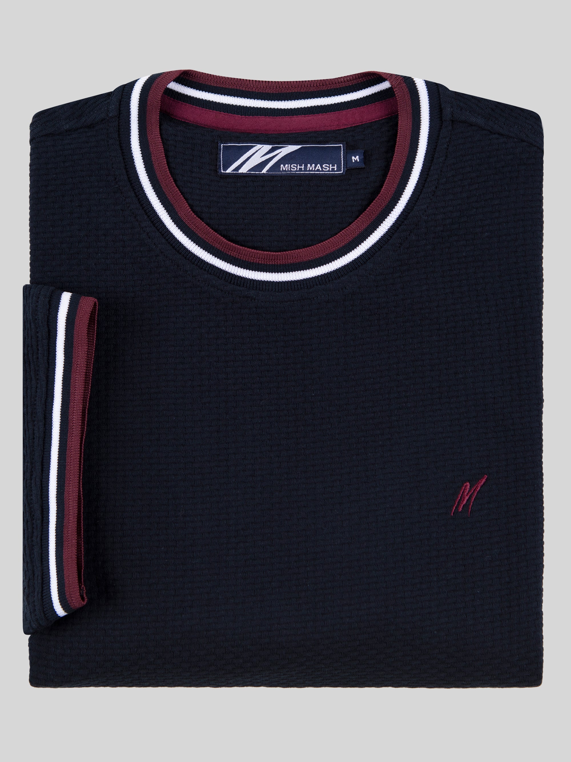 Regular fit waffle-like texture cotton navy short sleeve T-shirt with burgundy tipping mish mash jeans