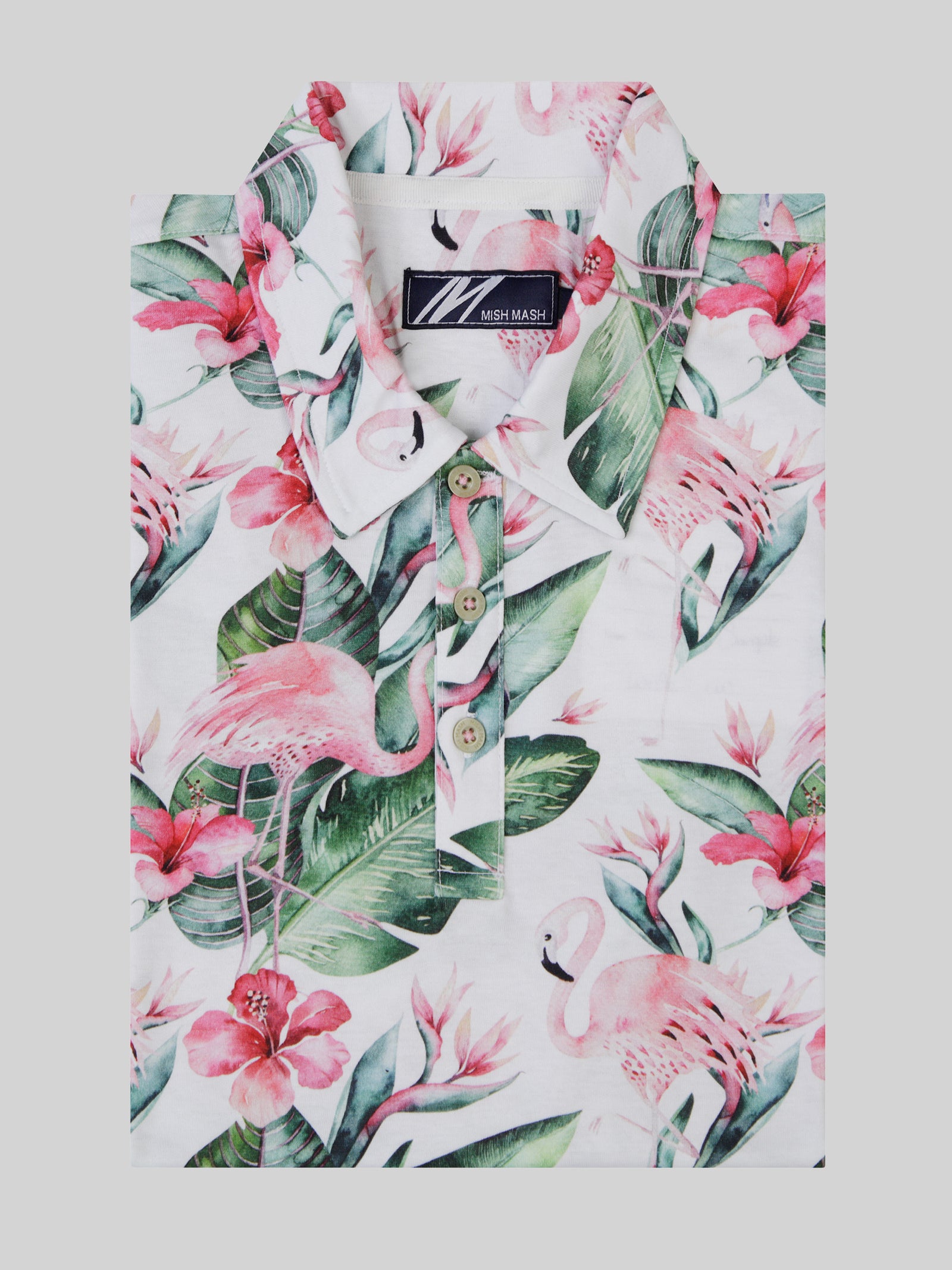 A summer floral polo in white and pink. Designed in the UK for men. 