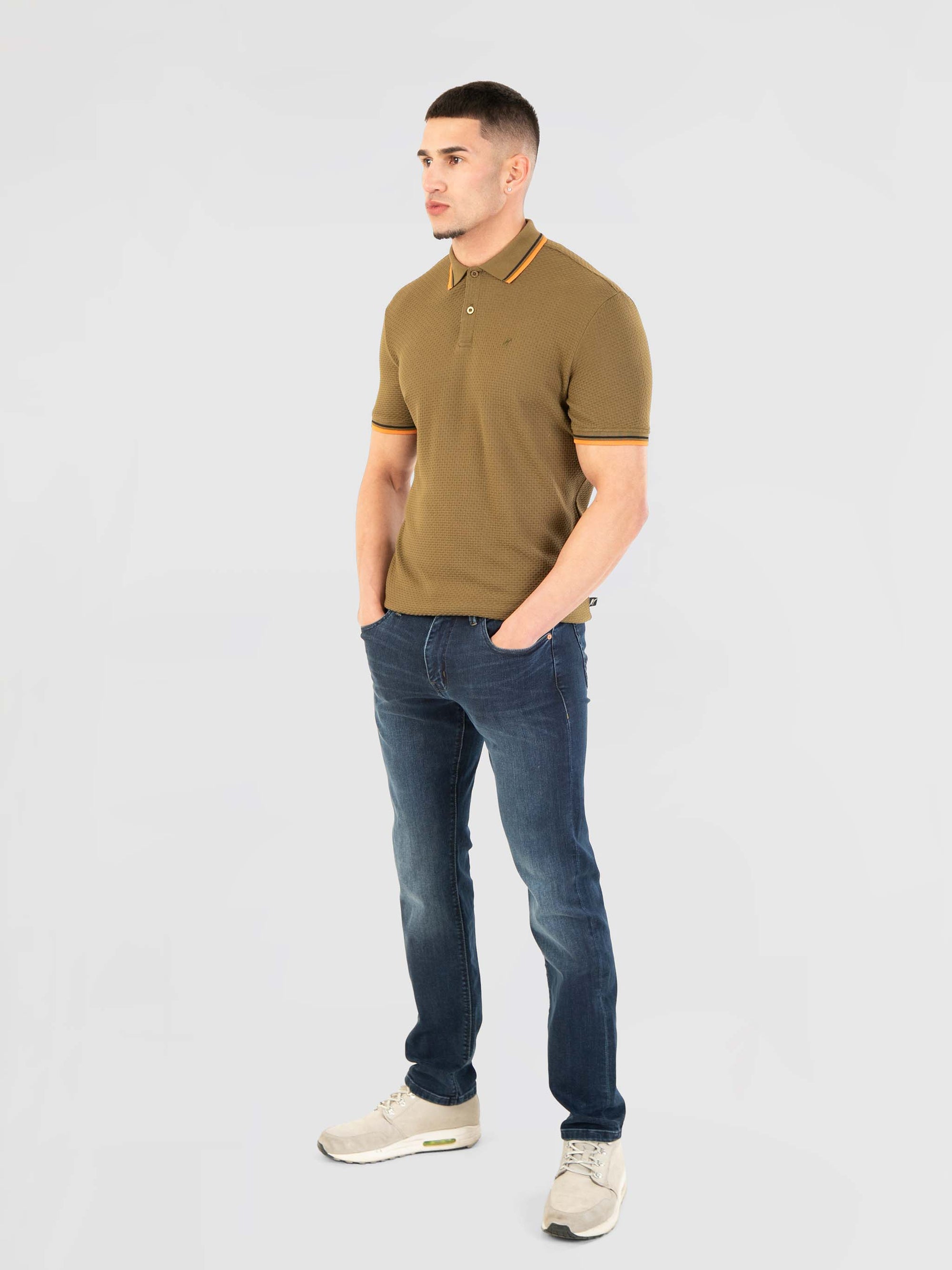 Regular Fit Textured Cotton Jersey Stockholm Khaki Polo