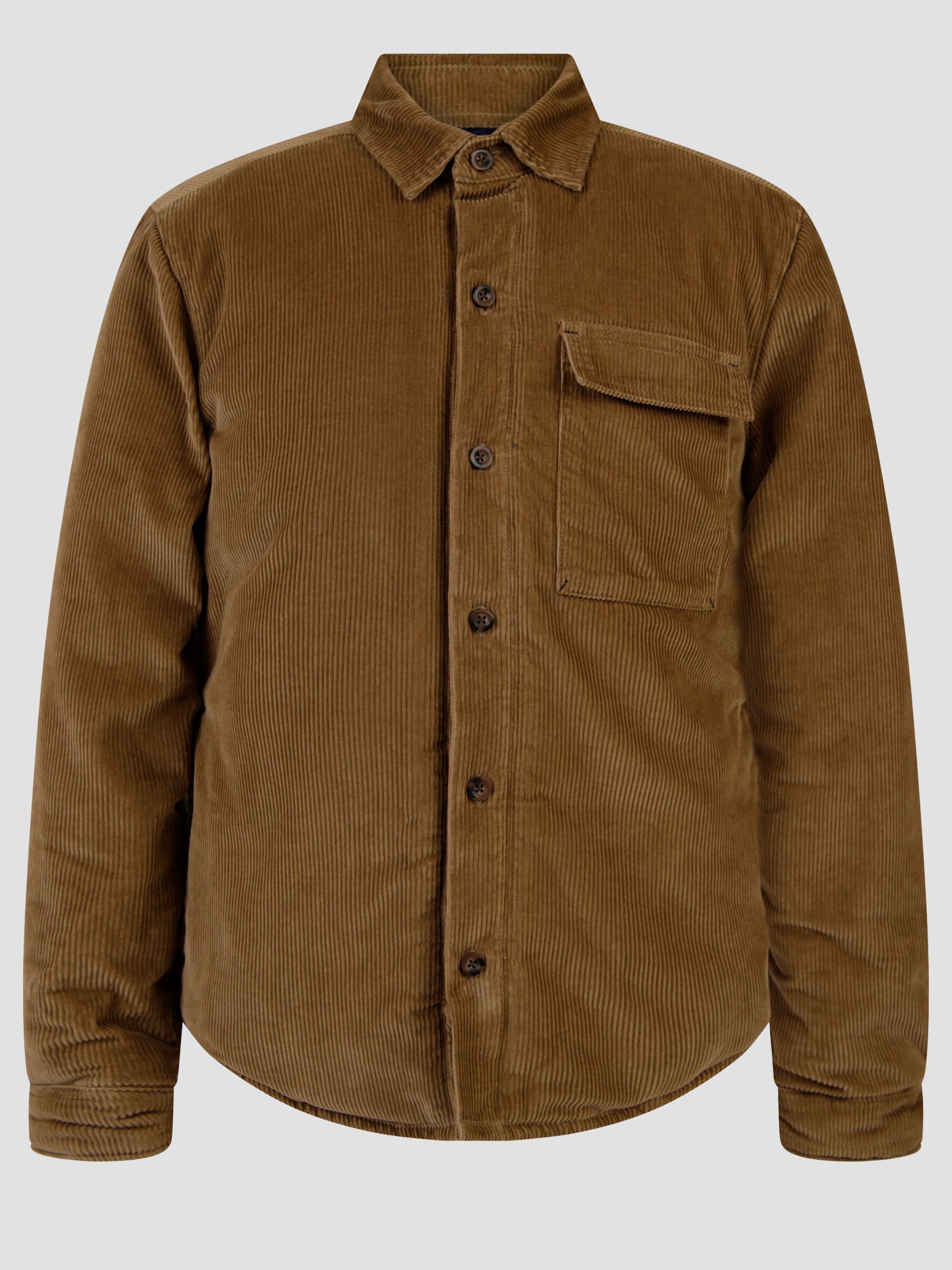 Vanguard Camel Cord Jacket in brown, featuring a button front, chest pocket, and lightweight corduroy fabric.