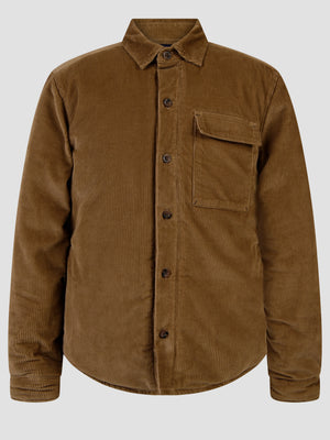 Vanguard Camel Cord Jacket in brown, featuring a button front, chest pocket, and lightweight corduroy fabric.