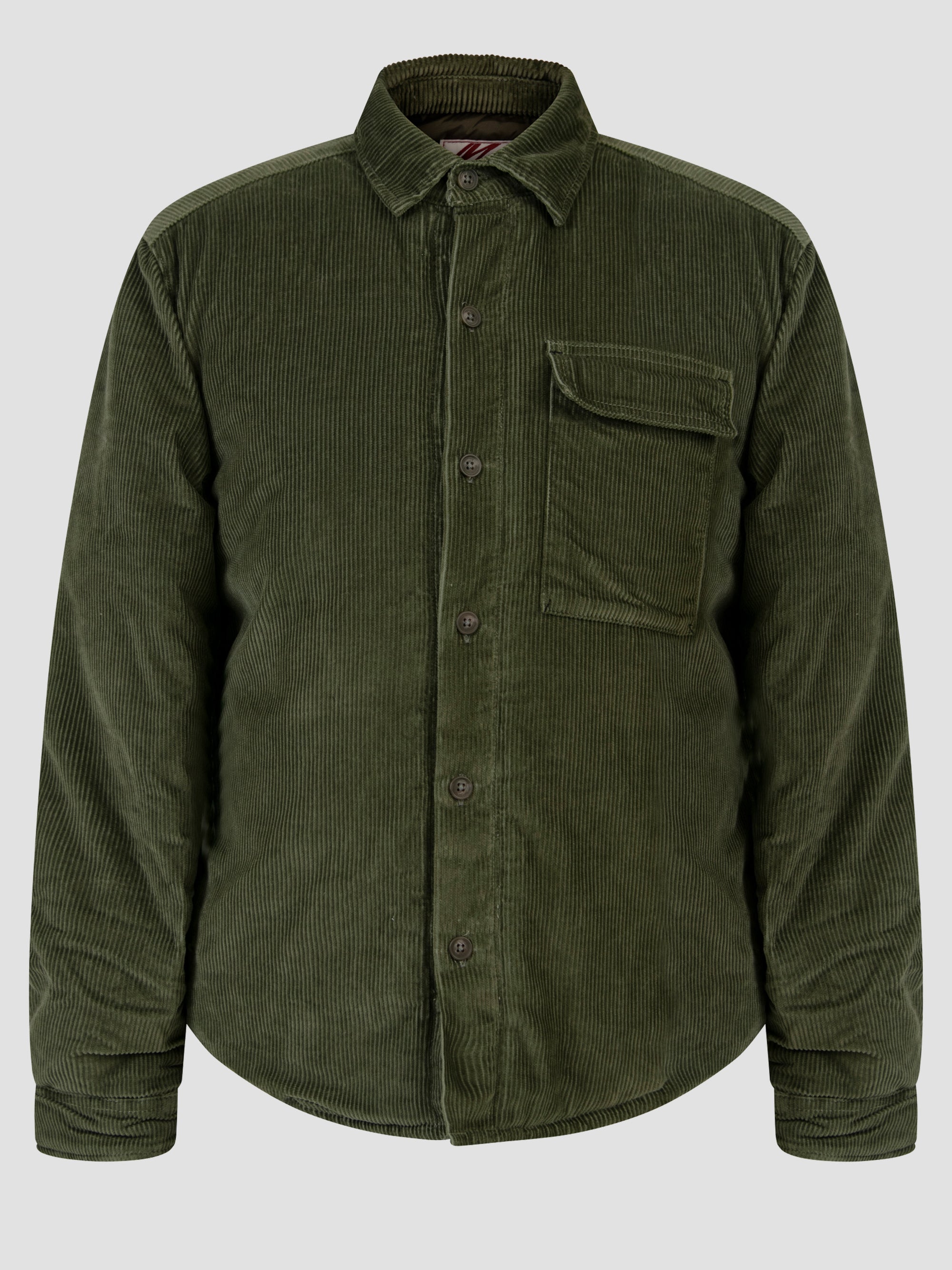 Vanguard olive cord jacket featuring button front, chest pocket, and soft 100% cotton fabric.