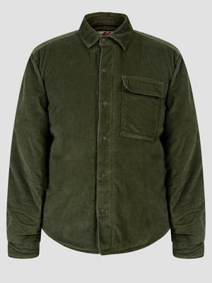 Vanguard olive cord jacket featuring button front, chest pocket, and soft 100% cotton fabric.