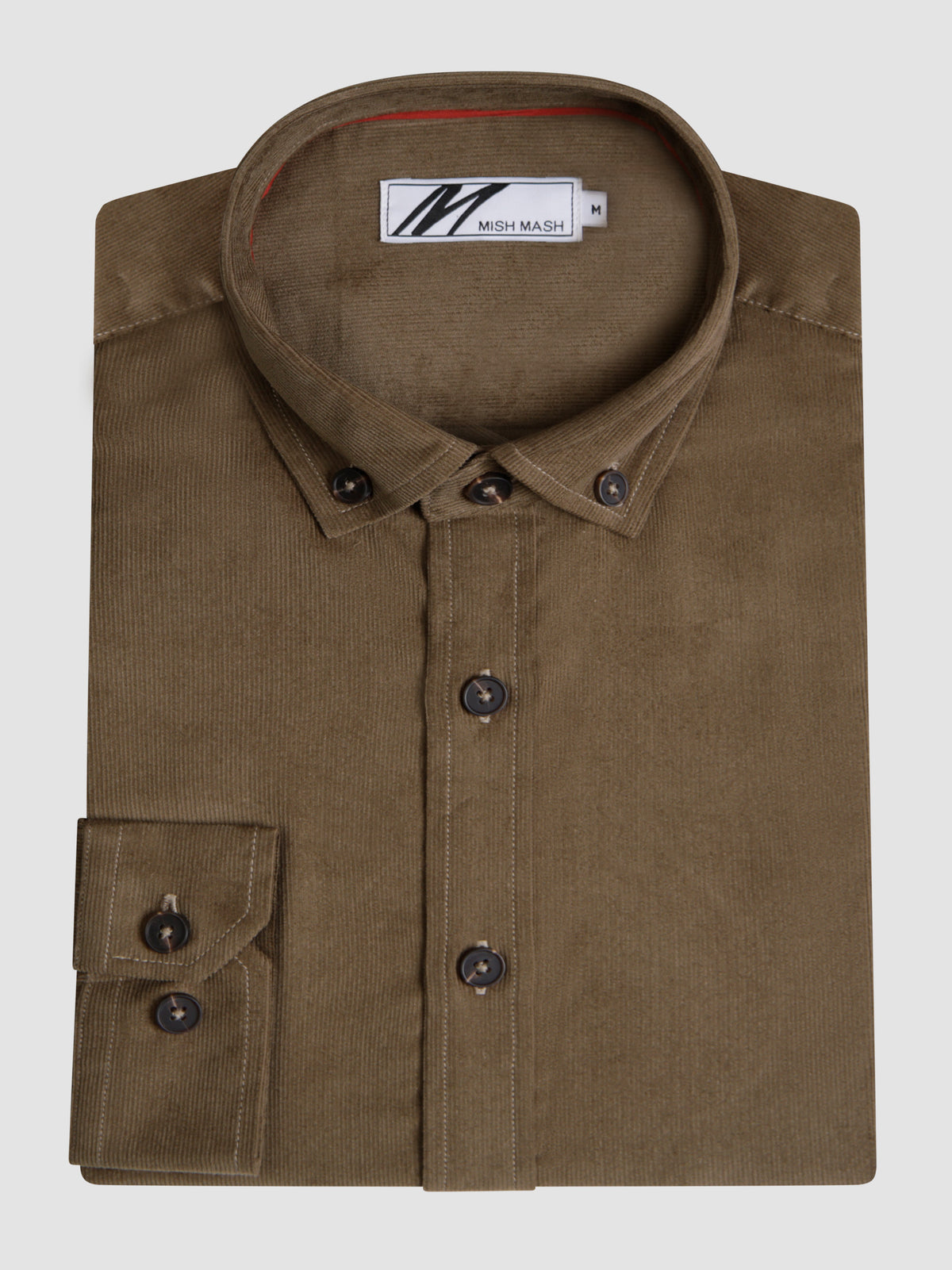 Long sleeve cord khaki shirt.