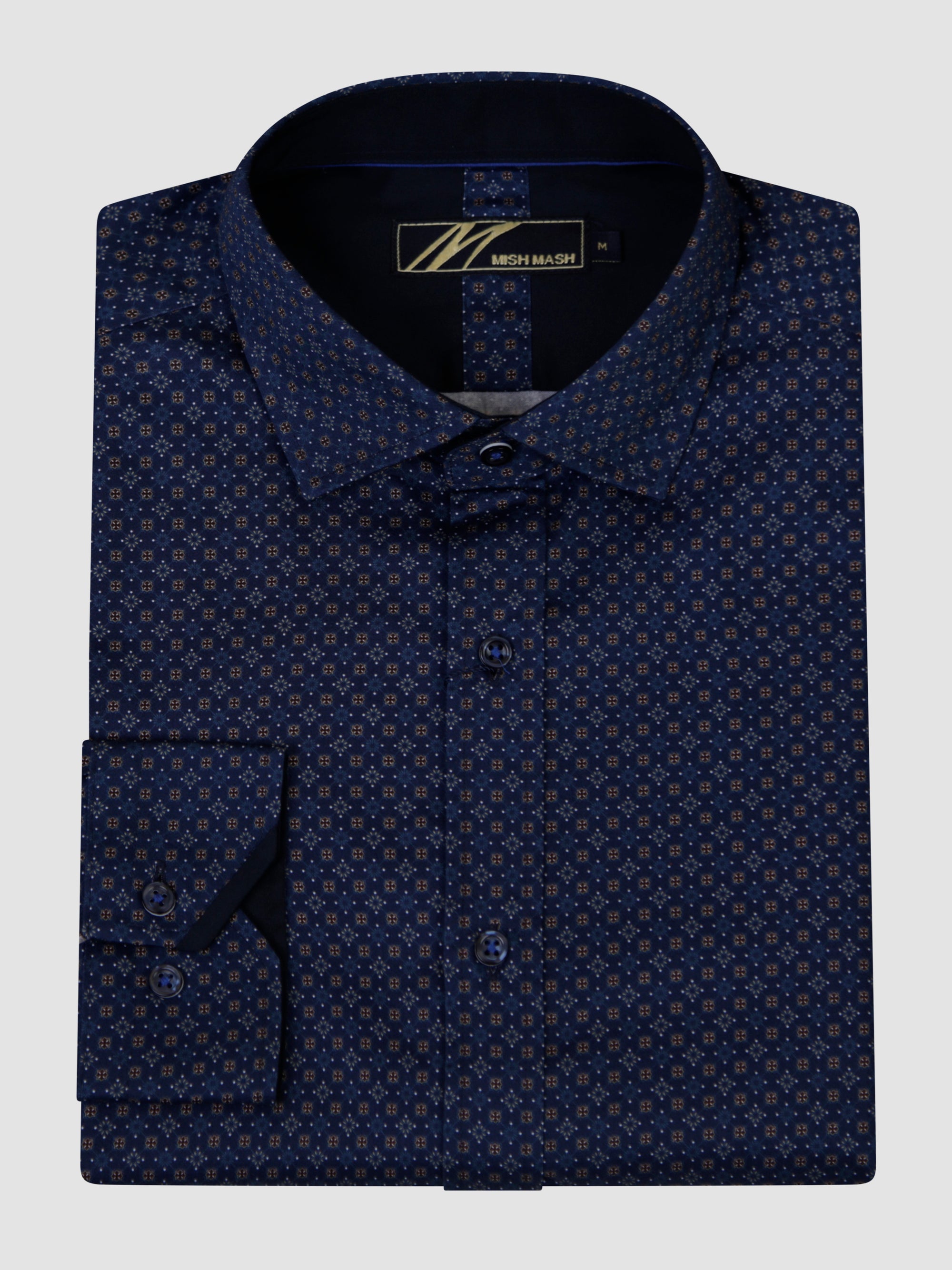 Navy long sleeve shirt with a floral pattern, folded neatly to showcase design and collar.