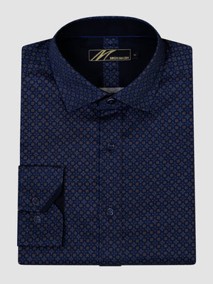 Navy long sleeve shirt with a floral pattern, folded neatly to showcase design and collar.