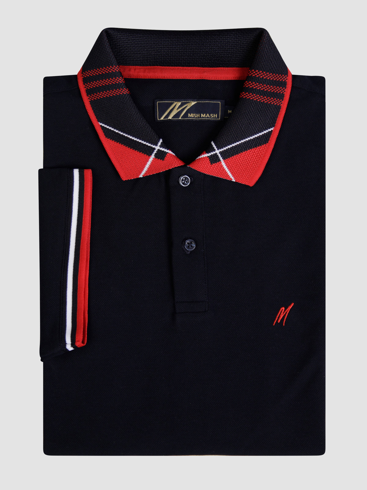 A navy polo with red collar detail.
