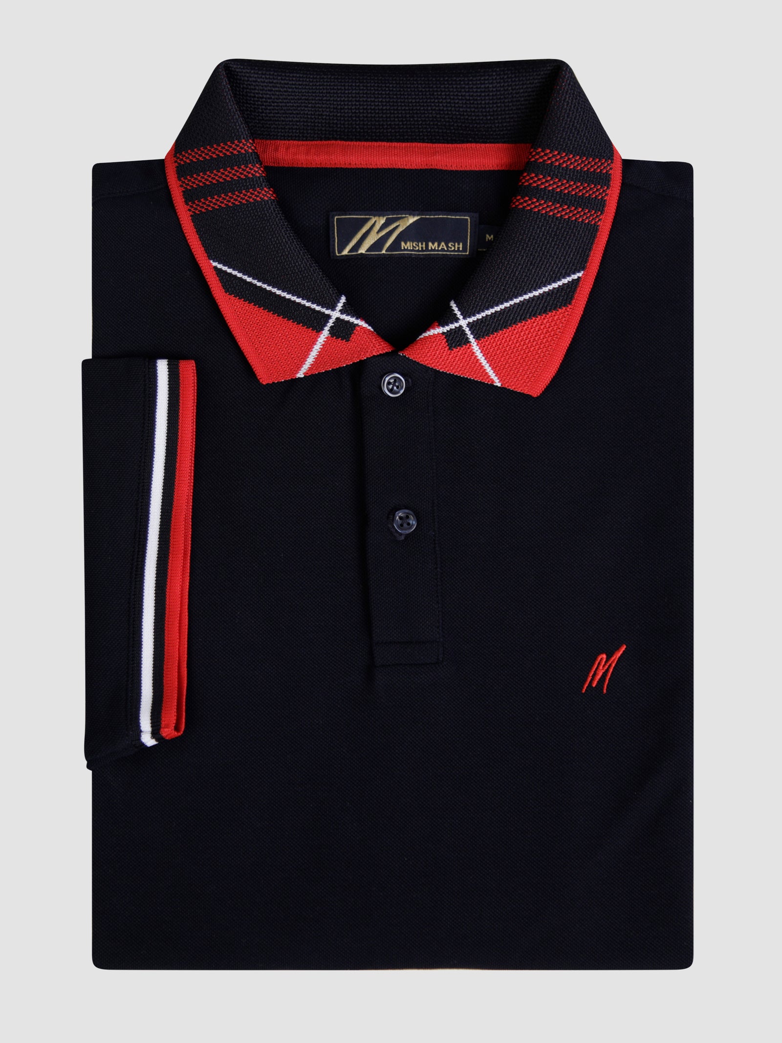 A navy polo with red collar detail.