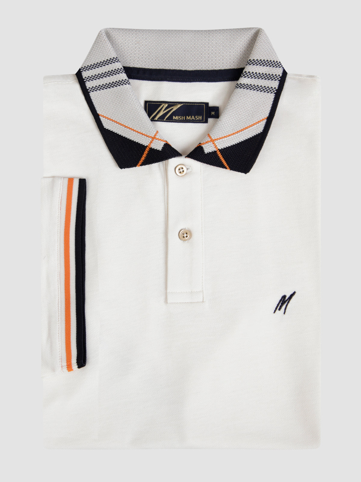 A white polo with detailed collar. 