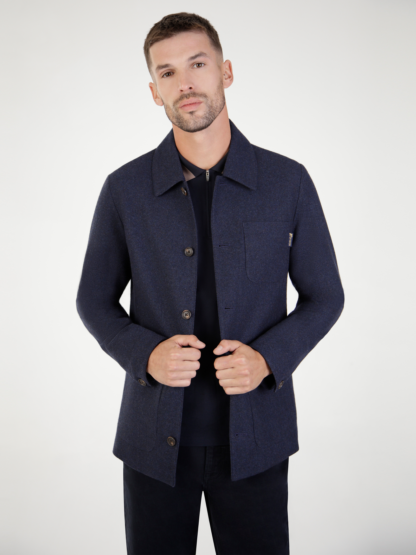 A wool blend navy jacket for men.