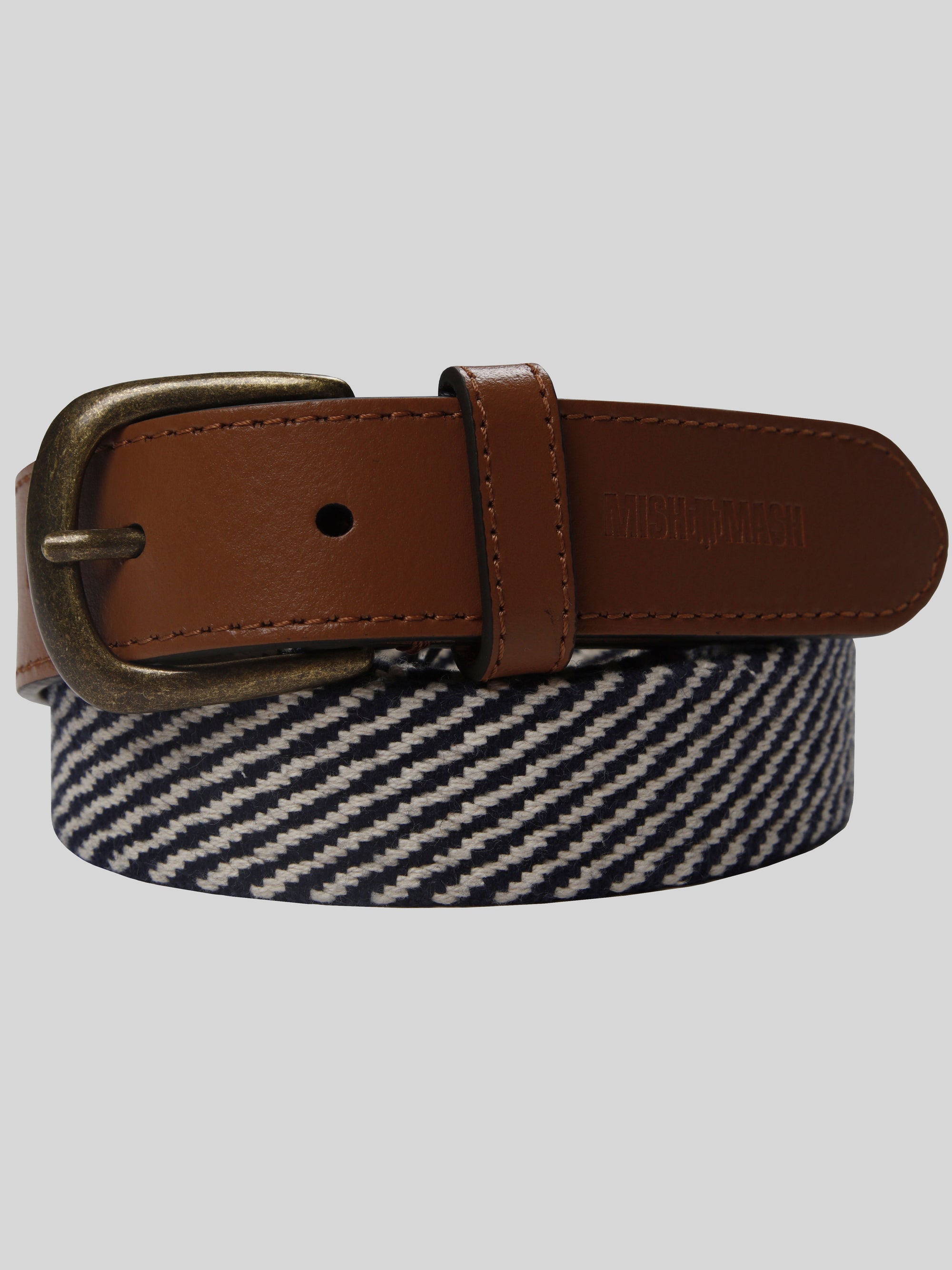 Woven twill navy and white jean belt mish mash jeans