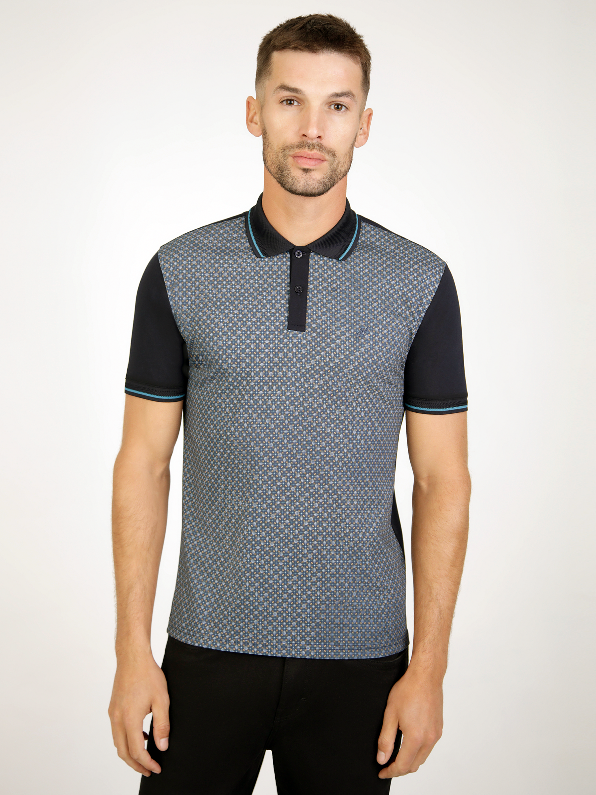 A navy short sleeve polo, designed for men.