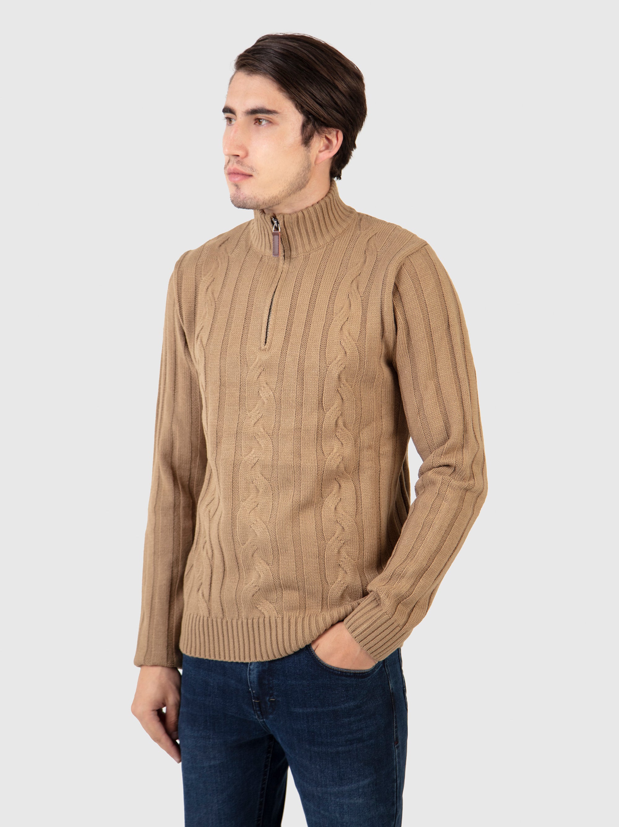 Regular Fit Cable Oak 3/4 Zip Knitted Sweater