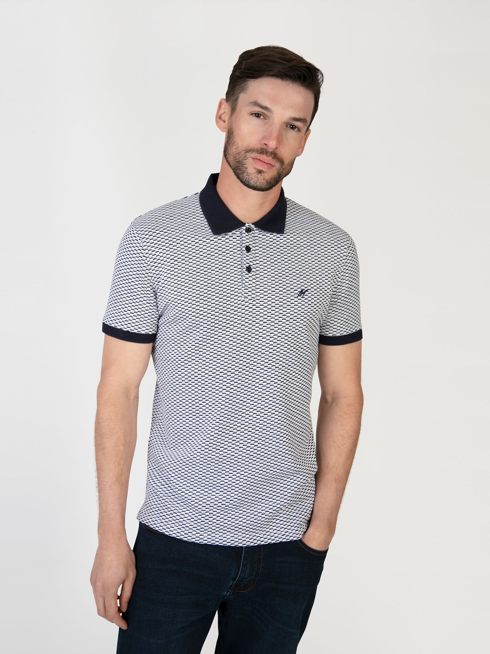 A navy polo designed for men.
