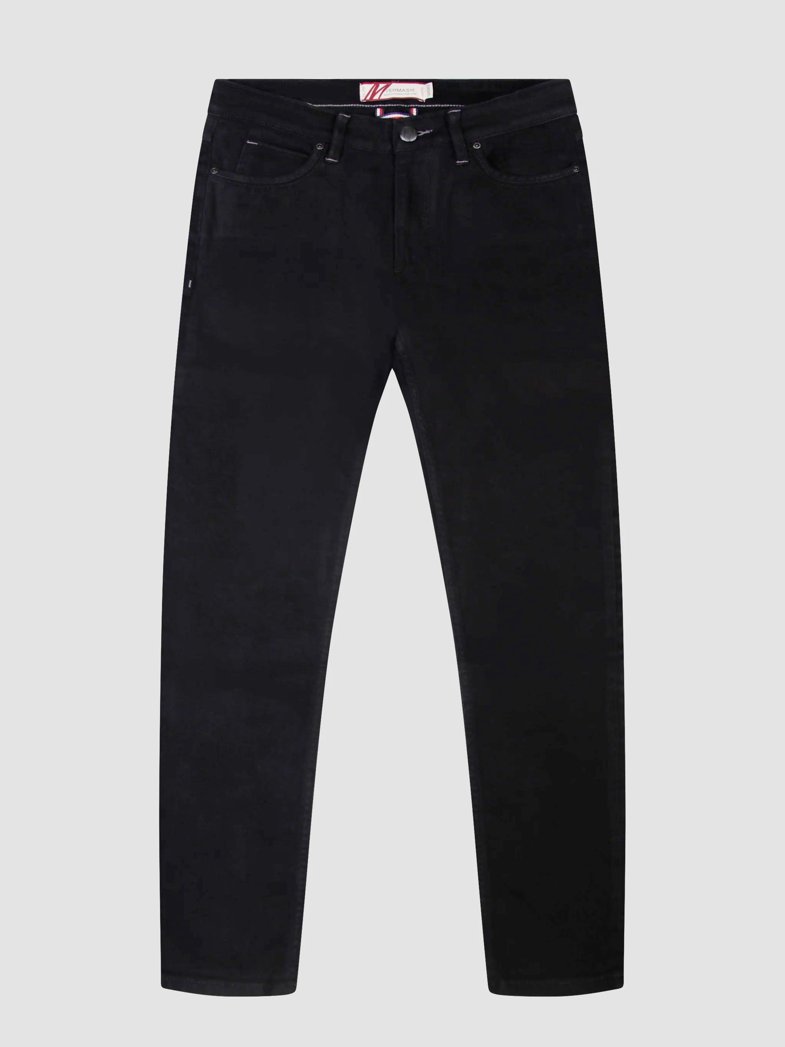 A black tapered fit jean, designed for men.