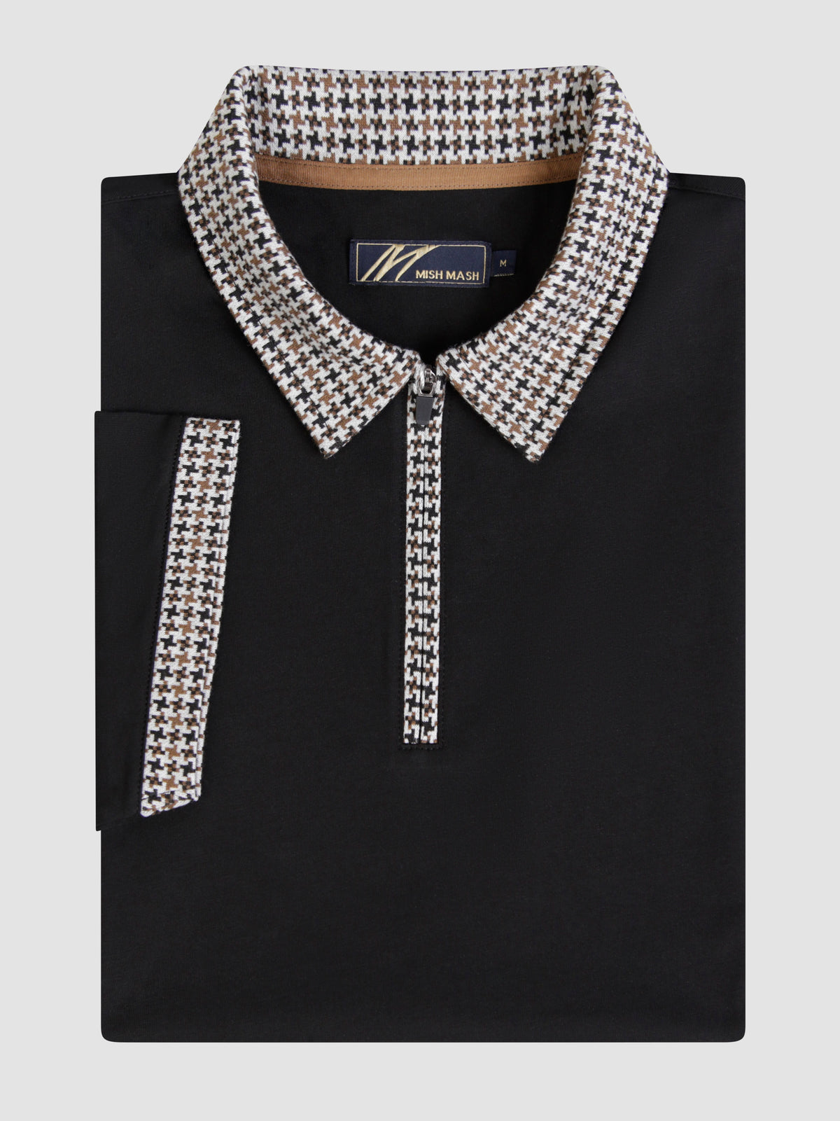Nashi Black polo shirt with jacquard houndstooth collar and cuff, smart casual style, front zip fastening.