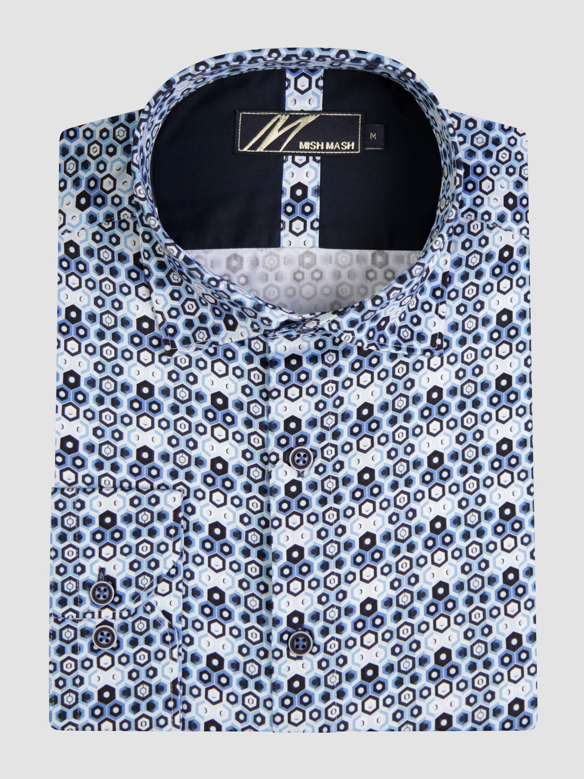 Platinum Navy & Blue long sleeve shirt with geometric pattern, 100% cotton, regular fit, button under collar detail.